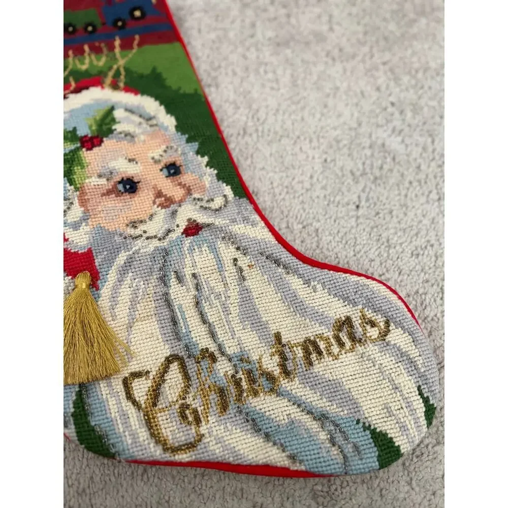 Vintage Wool Santa Claus Needlepoint by Hand Beaded 
